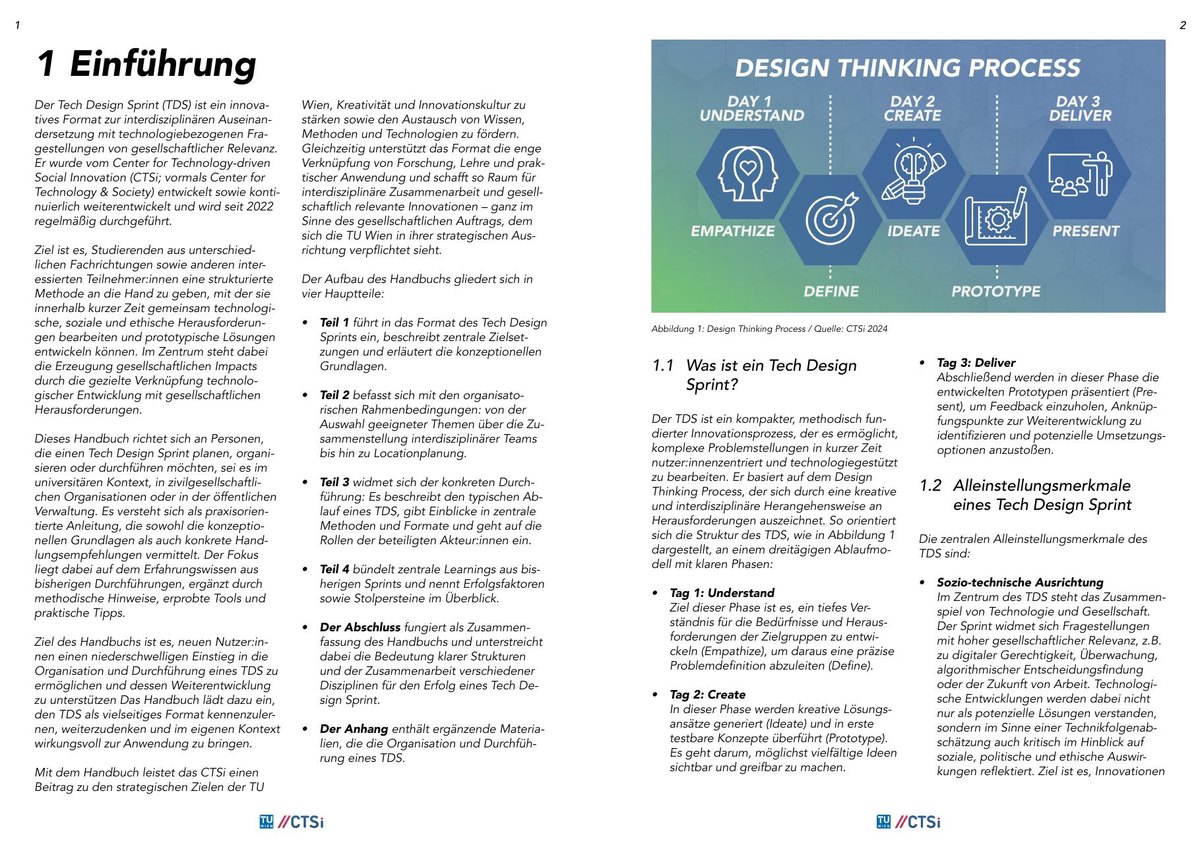 Spread “1 Einführung” with the Design Thinking Process diagram